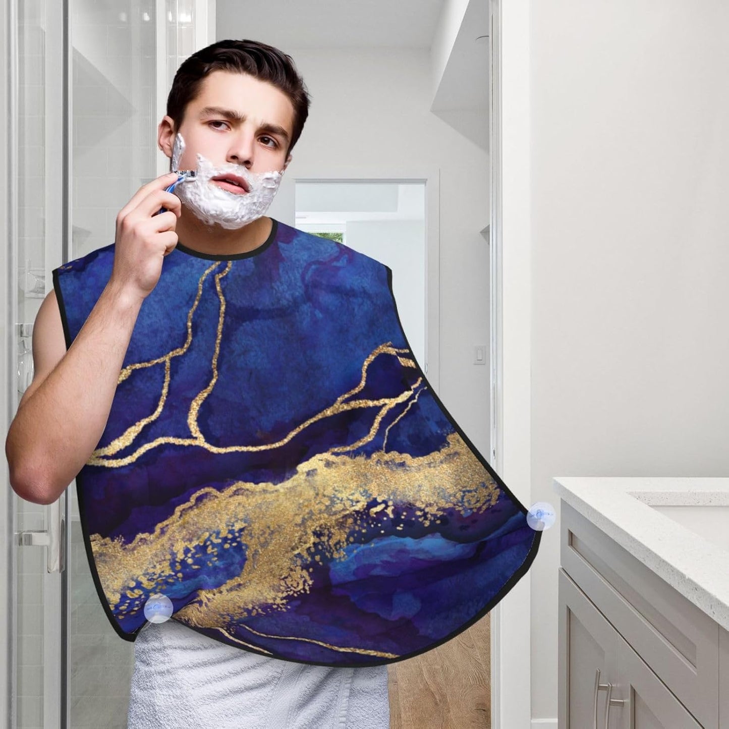 Blue Marble Beard Bib Apron, Beard Hair Catcher For Men Shaving, Waterproof With Suction Cups