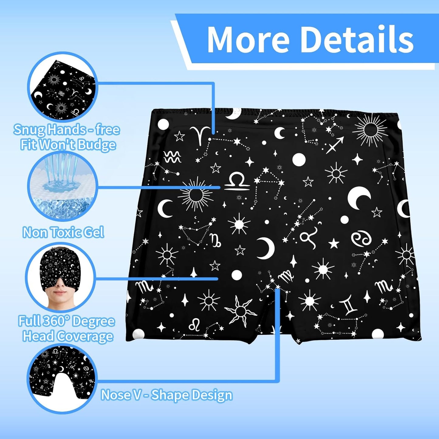 Migraine Relief Cap,Headache Relieve Cap,Black Constellation Pattern Reusable Gel Ice Head Wrap Cap for Tension,Stress,Hangover & Puffy Eyes.