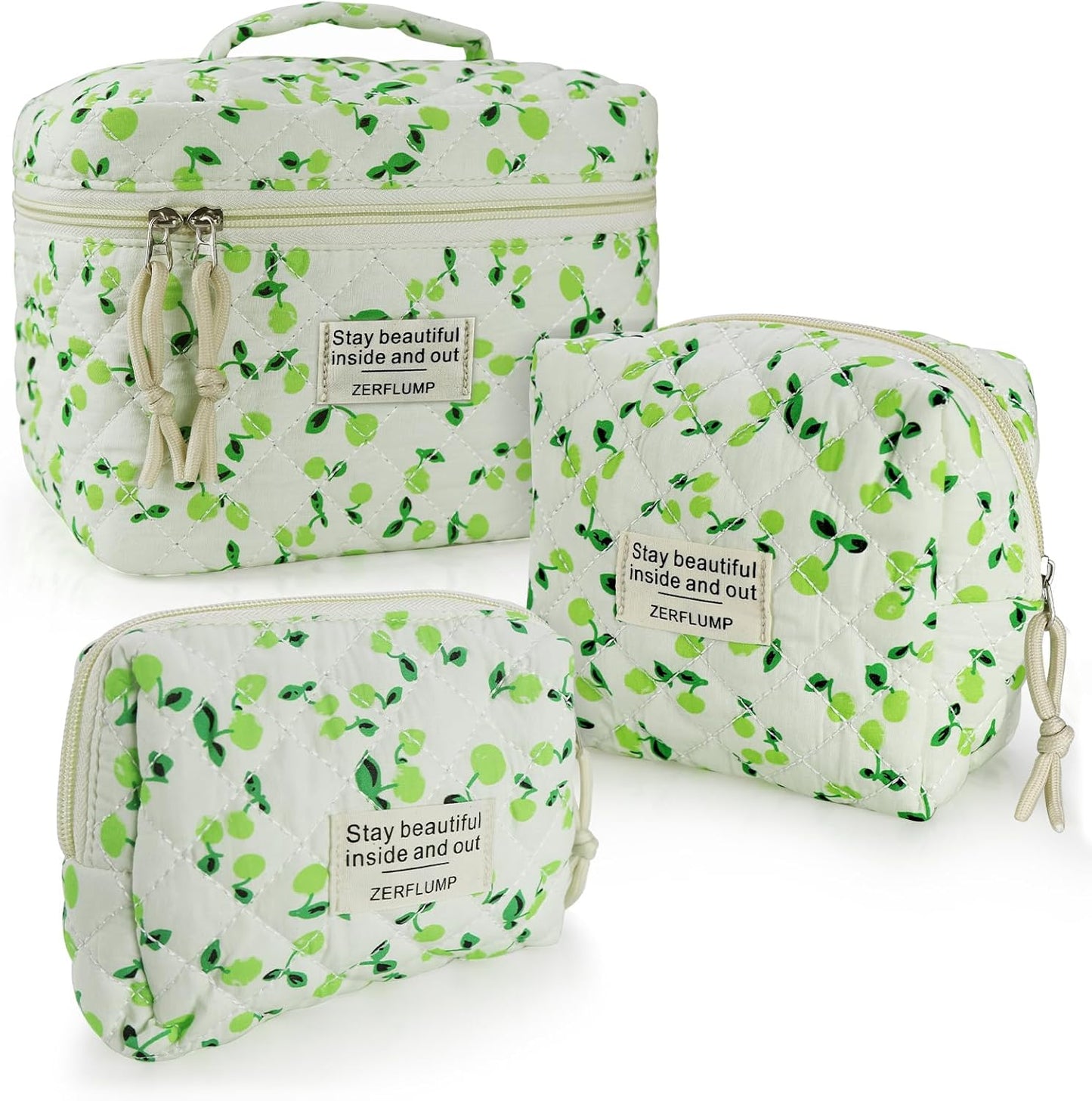 Cute Quilted Floral Makeup Bag(3Pcs)，Coquette Aesthetic Cosmetic Bag，Travel Toiletry Bags， Kawaii Aesthetic pouch for Women (6 - Green Fruit)