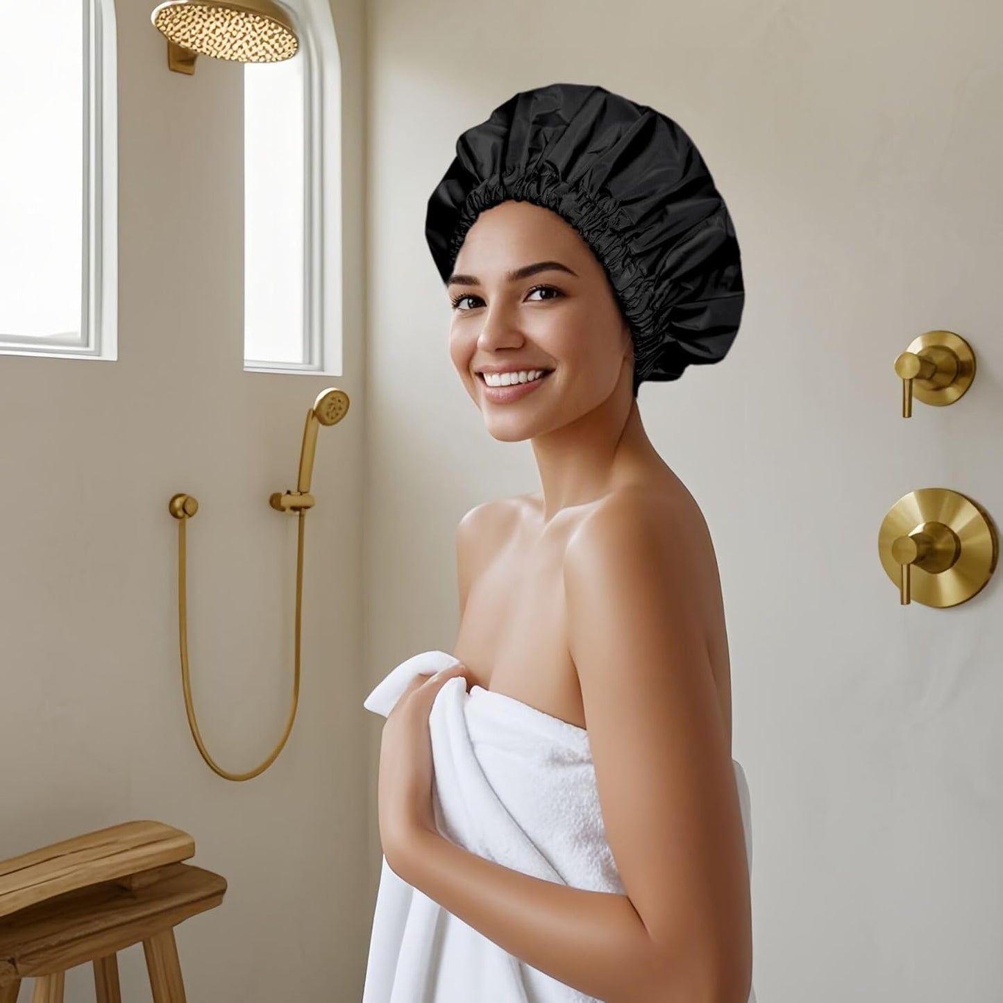 Reusable Shower Cap for Women, Large Waterproof Shower Essentials Bonnet Washable Elastic Band Bath Hair Wrap Hat for Long Hair, Braids(Pink&Black)