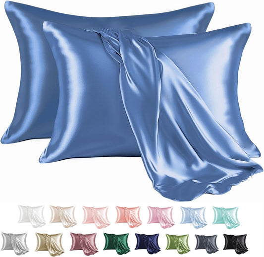 MR&HM Satin Pillowcase for Hair and Skin, Silk Satin Pillowcase 2 Pack, King Size Pillow Cases Set of 2, Silky Pillow Cover with Envelope Closure (20x36, Sky Blue)