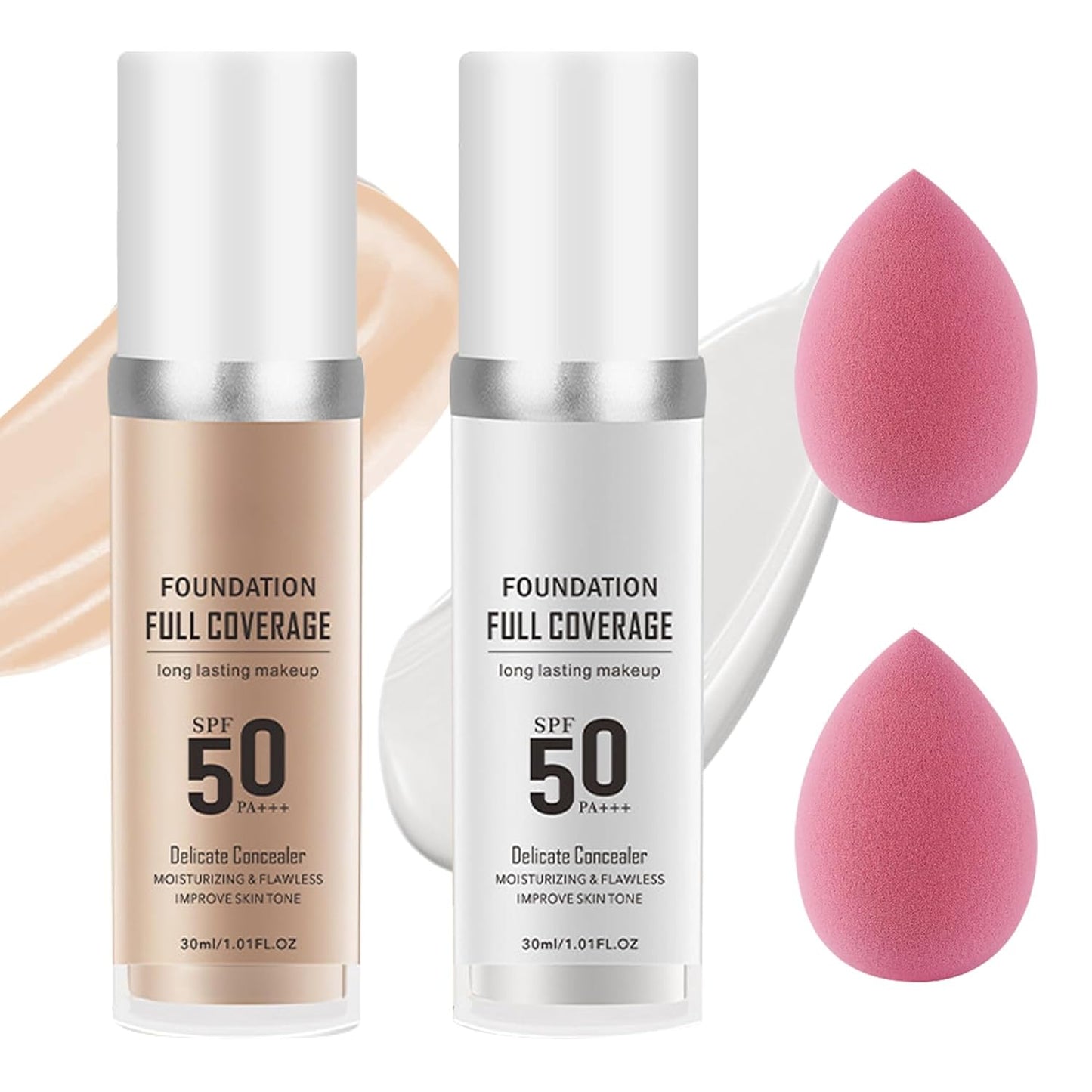 Color Changing & Natural Foundation with 2 Makeup Sponges, Moisturizing Full Coverage Liquid Foundation, Non-greasy Long Lasting Flawless Concealer Cream Makeup Set
