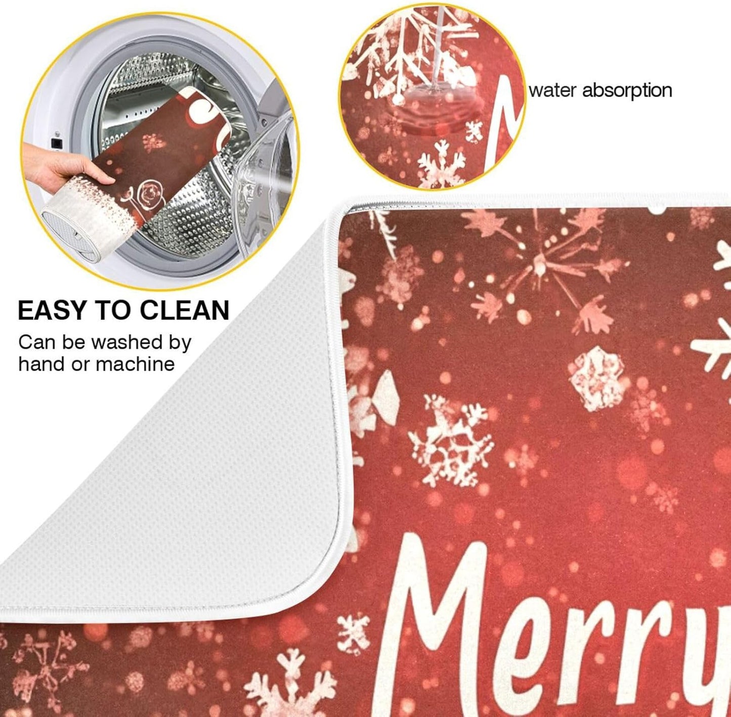 Christmas Dish Drying Mat Red Brown Snowflakes White Tree Wood Christmas Dish Drainer Mat for Kitchen Counter 18x24 inch Drying Mat Absorbent Microfiber Dish Mat