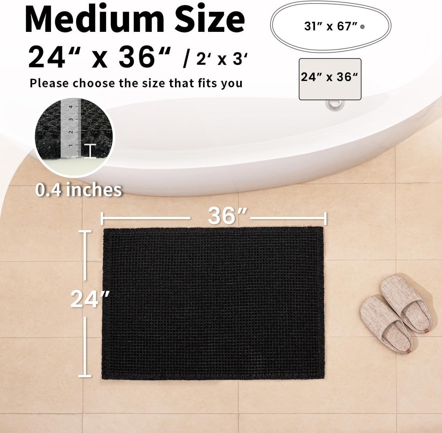 Black Bathroom Rug - Waffle Bath Mat Non Slip Washable, Super Absorbent & Quick Dry, Boho Bath Mat Farmhouse Bathroom Decor, 24'' x 36'', Black