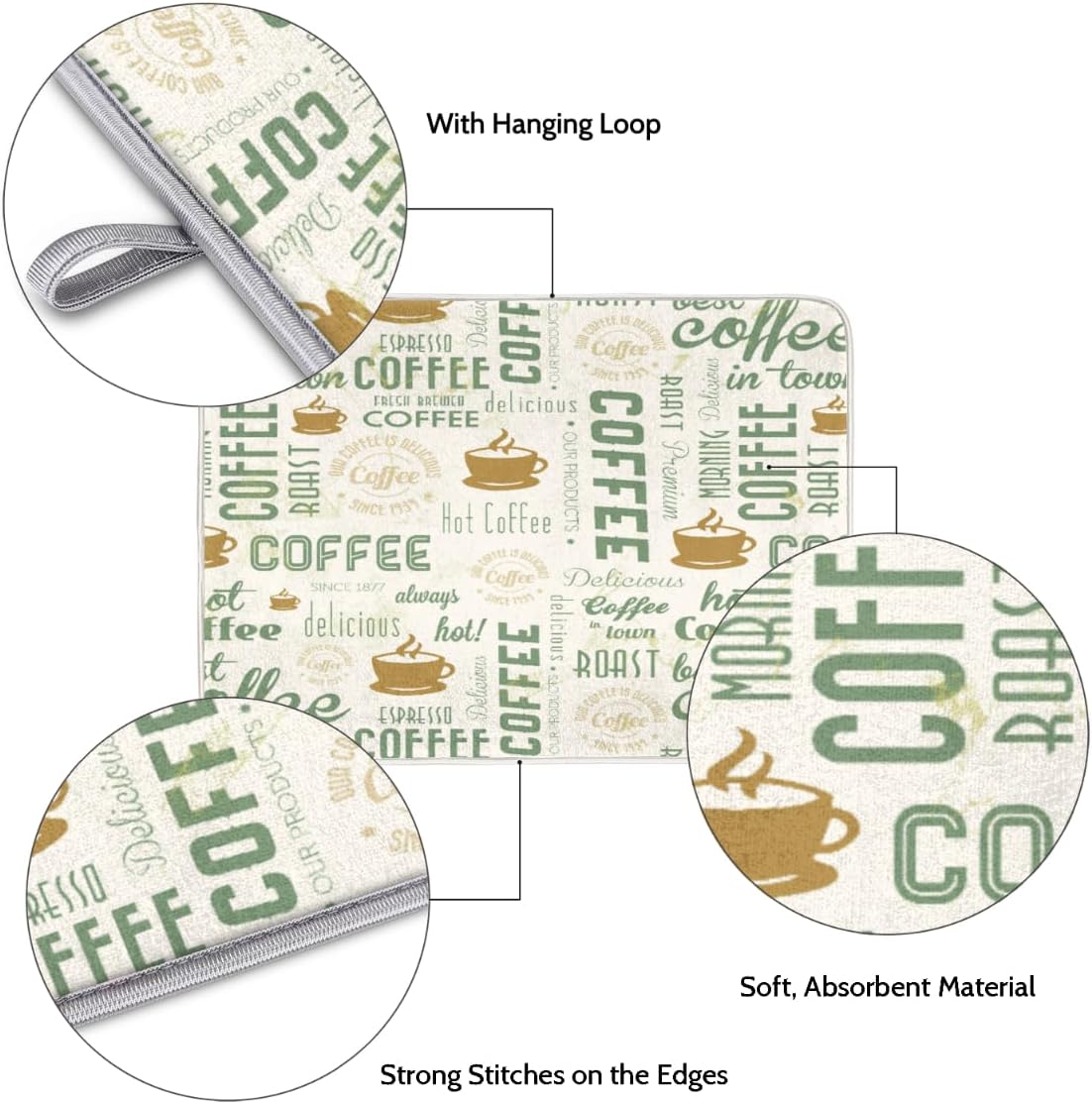 Hexteria Dish Drying Mat for Kitchen Counter, Absorbent Coffee Bar Mat, Dish Drainer Rack Mat, Green