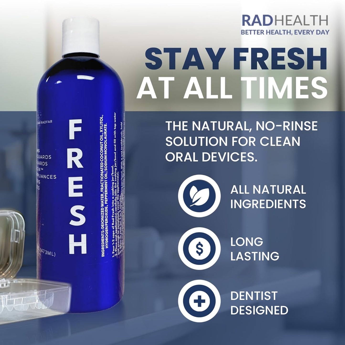 RAD FRESH - Natural Mouth Guard Cleaner with Food-Grade Hydrogen Peroxide, Easy-to-Use, No-Rinse-Formula Retainers Cleaner for All Oral Devices Like Aligners, Dentures & More, 1 Pack, 1 oz