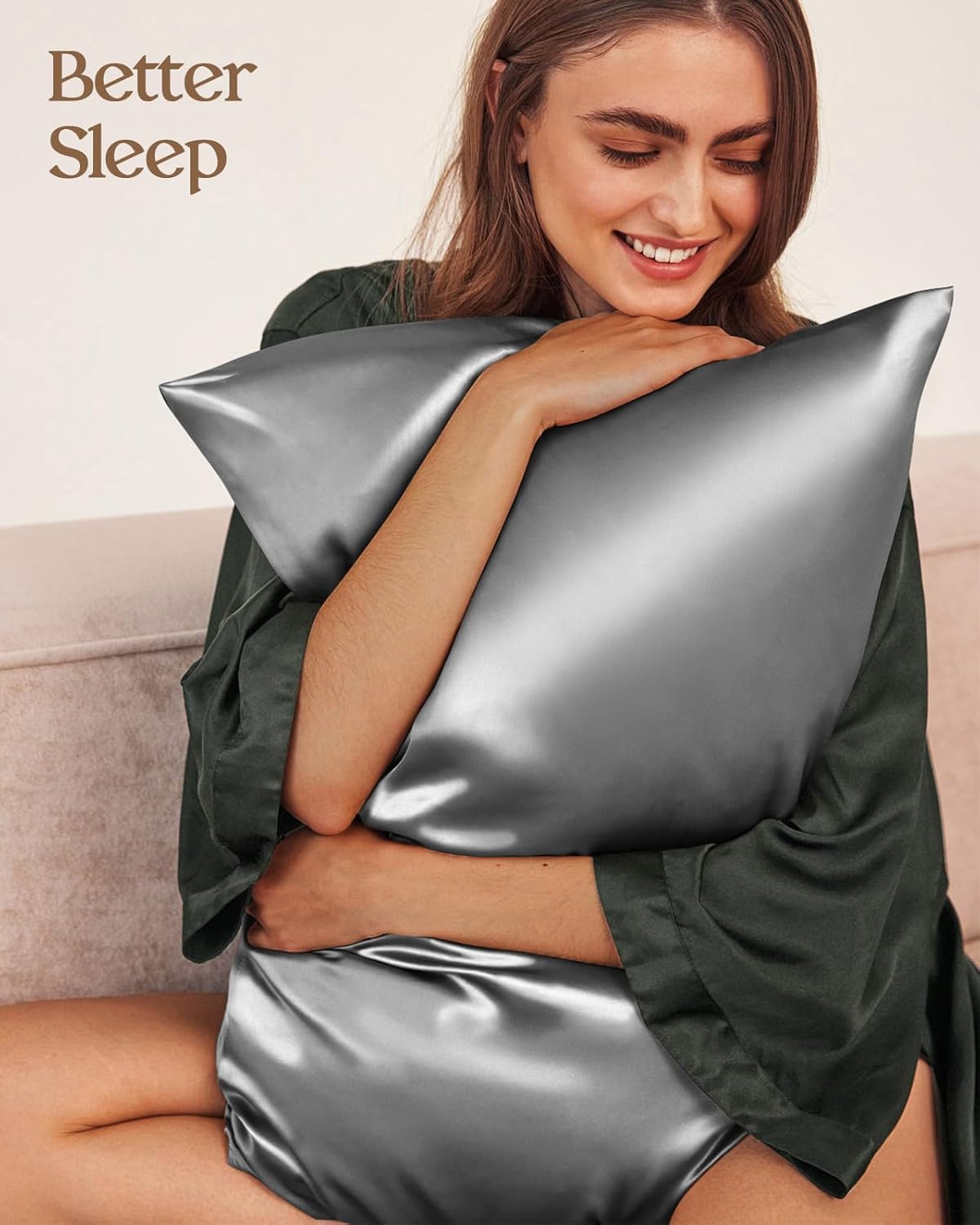 Silk Pillowcase 2 Pack - Pillow Cases Standard Set of 2 Size 20" x 26" for Hair and Skin Smooth Soft Breathable with Hidden Zipper Cooling Pillow Covers for Women, Light Grey