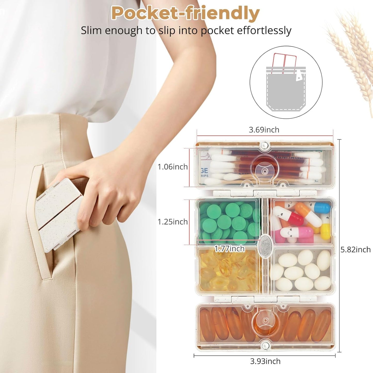 Zentiky Small Daily Pill Organizer with Labels, Medicine Pill Organizer Fit with Your Purse or Pocket for Travel to Hold Vitamin, Fish Oil, Supplement,Cotton Swabs, Bandages or Jewelry-Beige