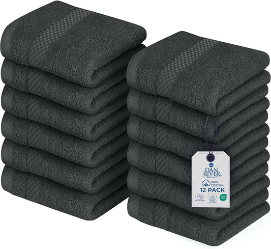 DAN RIVER 12-Pack Premium 100% Cotton Gray Face Towels – Reusable Face Towel Set, Soft & Absorbent Cotton Cloths for Bathroom & Body – Hand and Face Towels, 550 GSM (12x12 in)