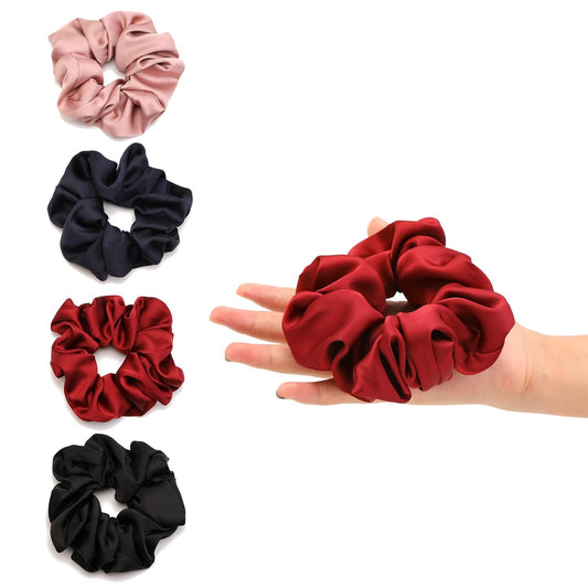 Large Satin Silk Scrunchies for Women,Scrunchie for Thick Hair Girl Hair Ties Ponytail Holders Jumbo Scrunchies(Black Navy-Blue Red Rose-Red) 4PCS