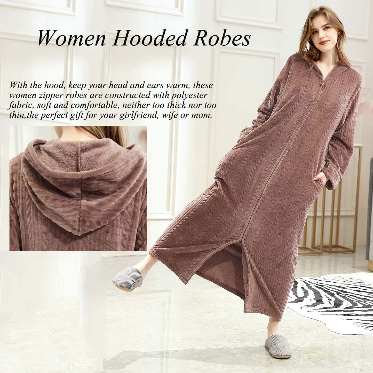 Hellomamma Long Hooded Zipper Bathrobe for Womens Flannel Fleece Robes Winter Warm Housecoat Nightgown Sleepwear Pajamas