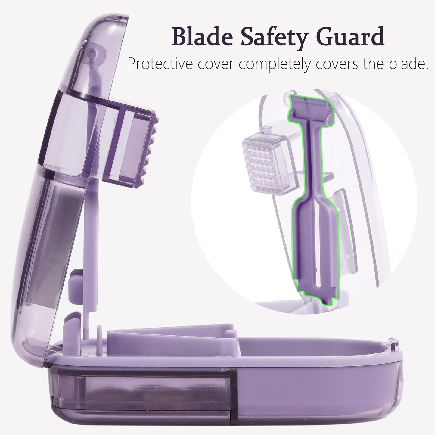 Pill Cutter Splitter for Small and Tiny Pills, or Large Pills. V-Shaped Design for Multiple Sizes. Safety Blade Guard. Loss-Proof Built-in Small Brush & Sliding Door Pill Storage (Olive)