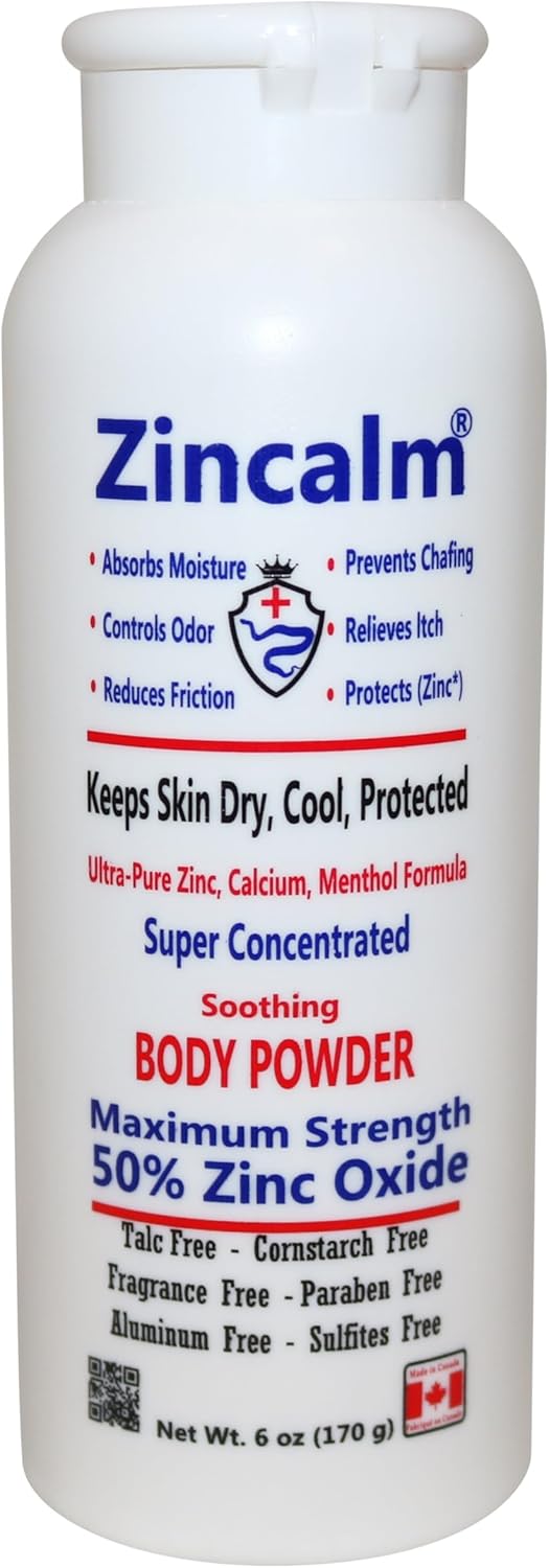 Zincalm All-Natural Body & Foot Powder, Concentrated 50% Zinc, Cornstarch-Free Moisture/Odor Absorbing Anti-Chafing/Friction, Itch Relief Formula for Dry/Cool Skin with Ultra-Pure Calcium & Menthol