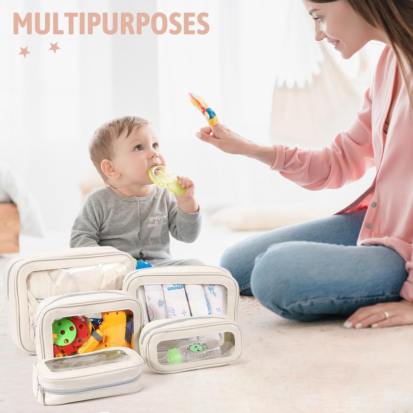 5PCS Diaper Bag Organizer Pouch Set, TSA Approved Toiletry Bag，Clear Waterproof TPU Makeup Bag Set Travel Organizer Bags for Women and Kids