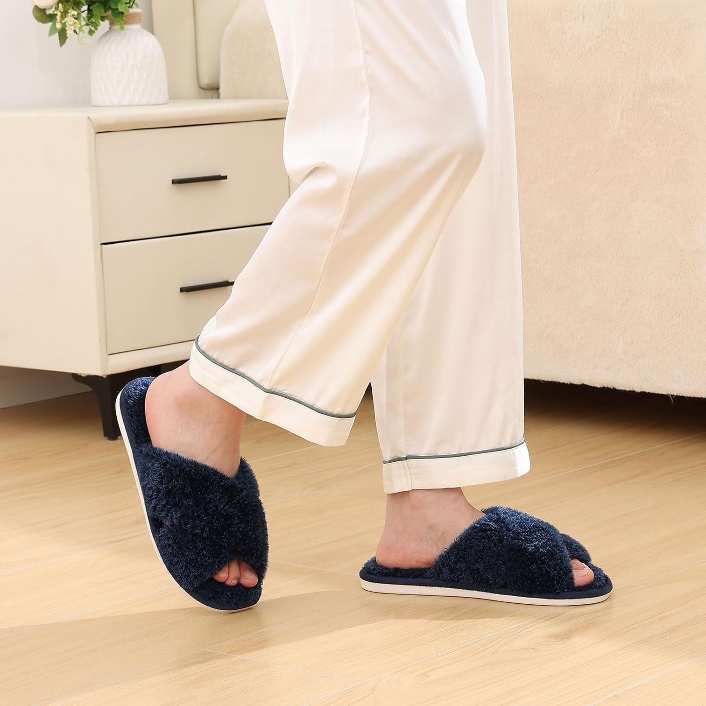 Evshine Women's Fuzzy Slippers Cross Band Memory Foam House Slippers Open Toe