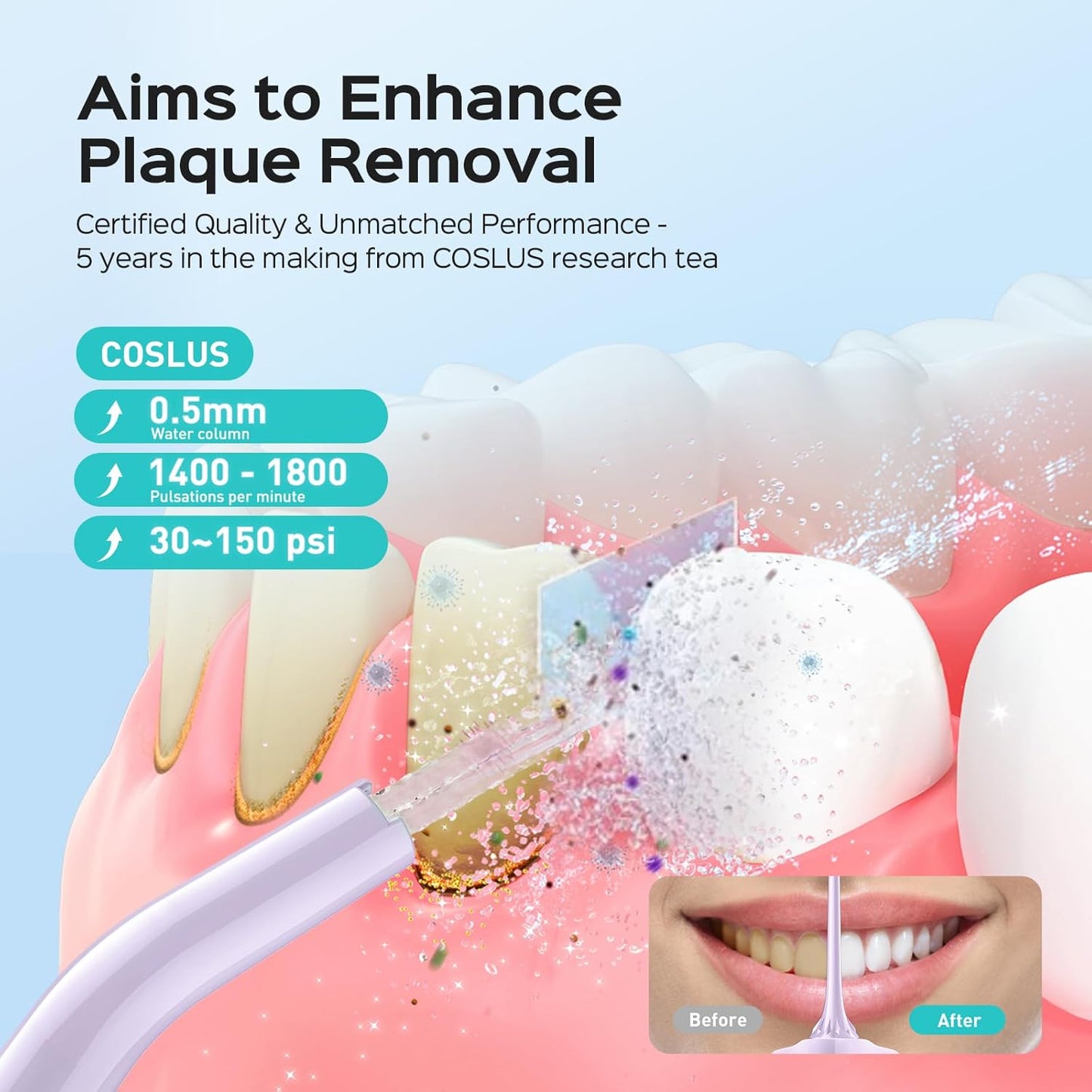 COSLUS Water Dental Flosser Pick for Teeth: 4 Modes Cordless 300ML Larger Tank Portable Water Teeth Cleaner Picks IPX7 Waterproof Flossing Machine for Home Travel Purple C30(FC5360)