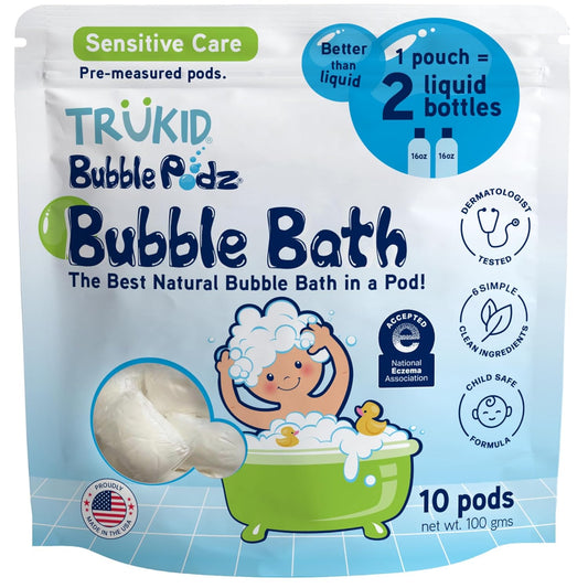 TruKid Bubble Podz Bubble Bath for Kids, Toddlers, & Babies, NEA-Accepted for Eczema, Gentle Refreshing Colloidal Oatmeal Bath Bomb for Sensitive Skin, pH Balanced, Tear Free, Unscented (10 Podz)