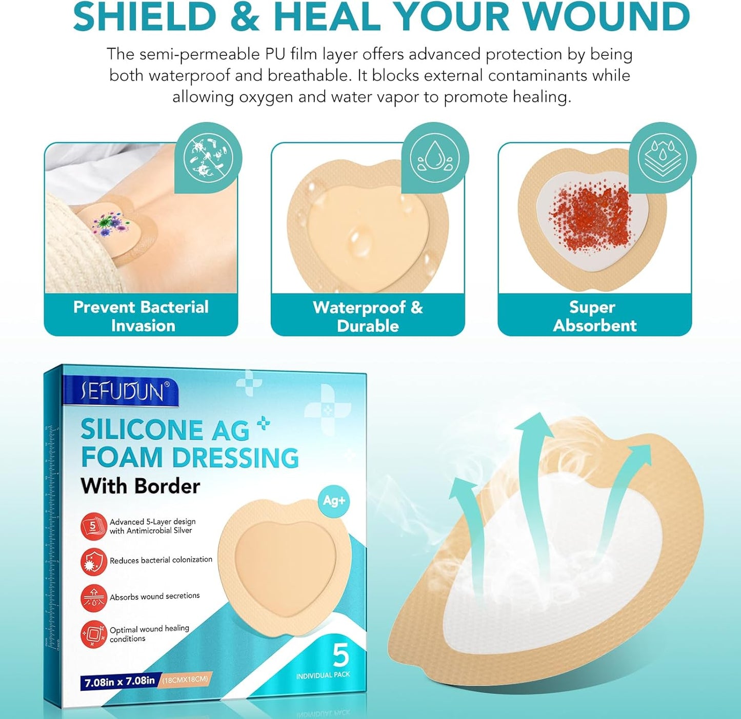 Silicone Foam Dressing Ag Sterile Wound Bandage with Waterproof Gentle Silicone Adhesive Border, 7"x7" Breathable Ultra Absorbent Pads (7.08x7.08 Inch (Pack of 10))