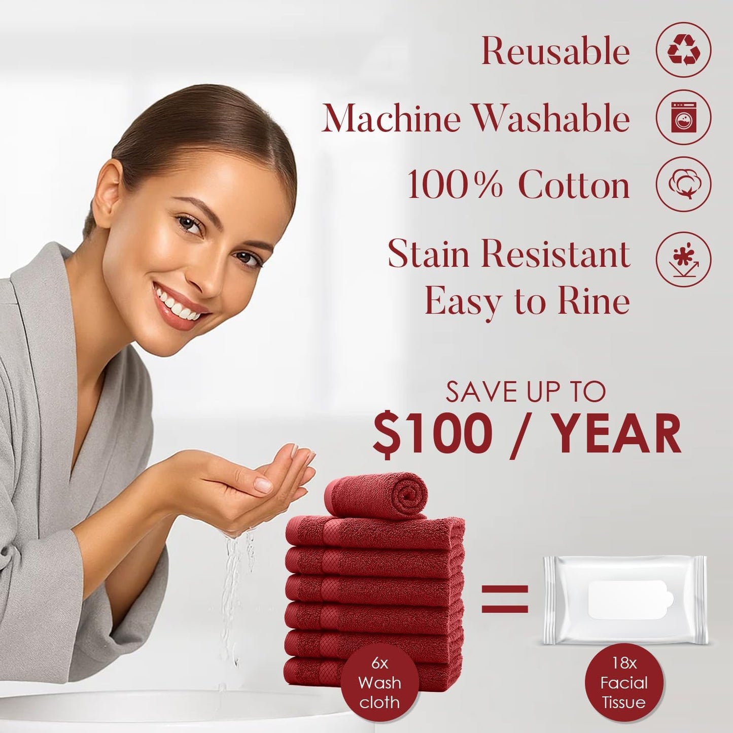 DAN RIVER 12-Pack Premium 100% Cotton RED Face Towels – Reusable Face Towel Set, Soft & Absorbent Small WashCloths for Bathroom & Body – Hand and Face Towels, 550 GSM (12x12 in)