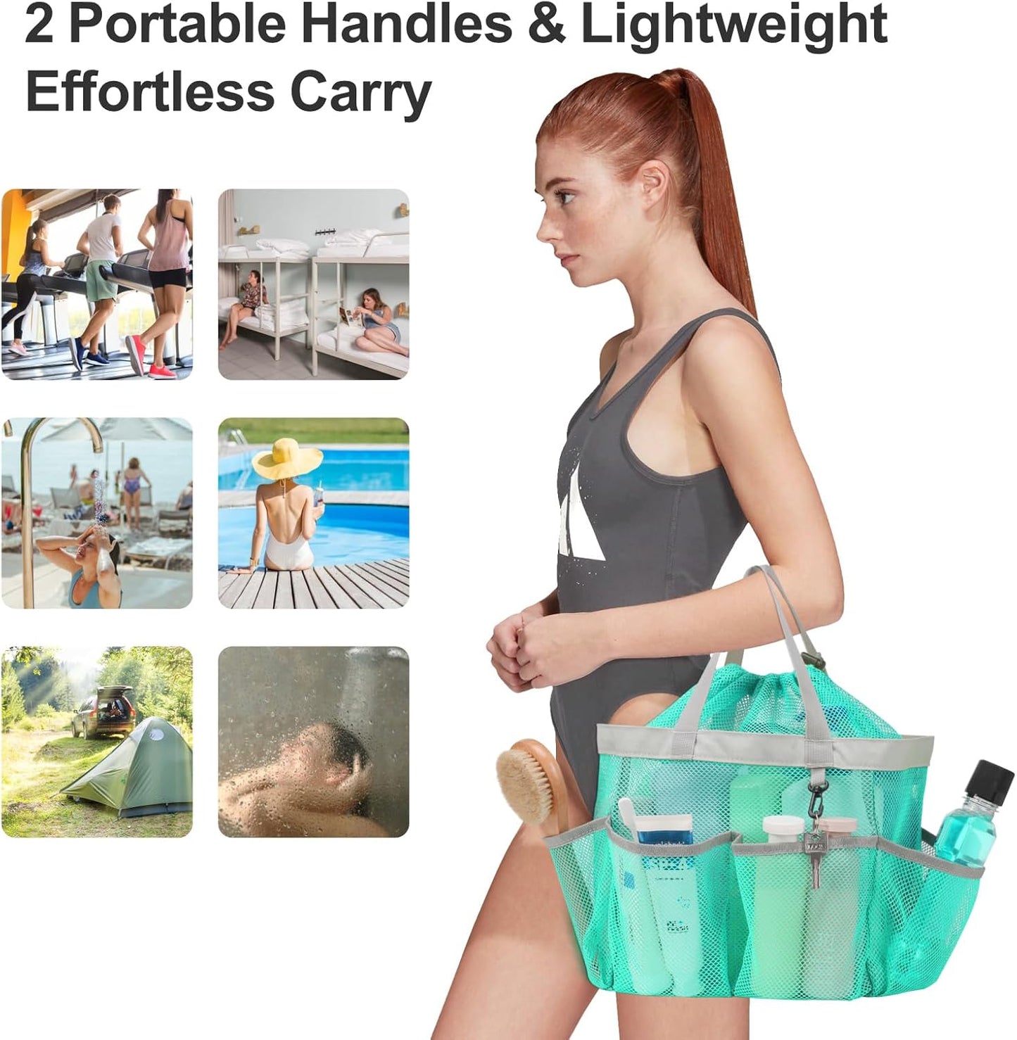 F-color Mesh Shower Caddy Portable with Drawstring - Upgrade Deeper 7 Pockets Dorm Room Essentials for Guys Girls with S Hook, Shower Bag Basket Tote for College Camping Toiletry Bathroom, Mint Green