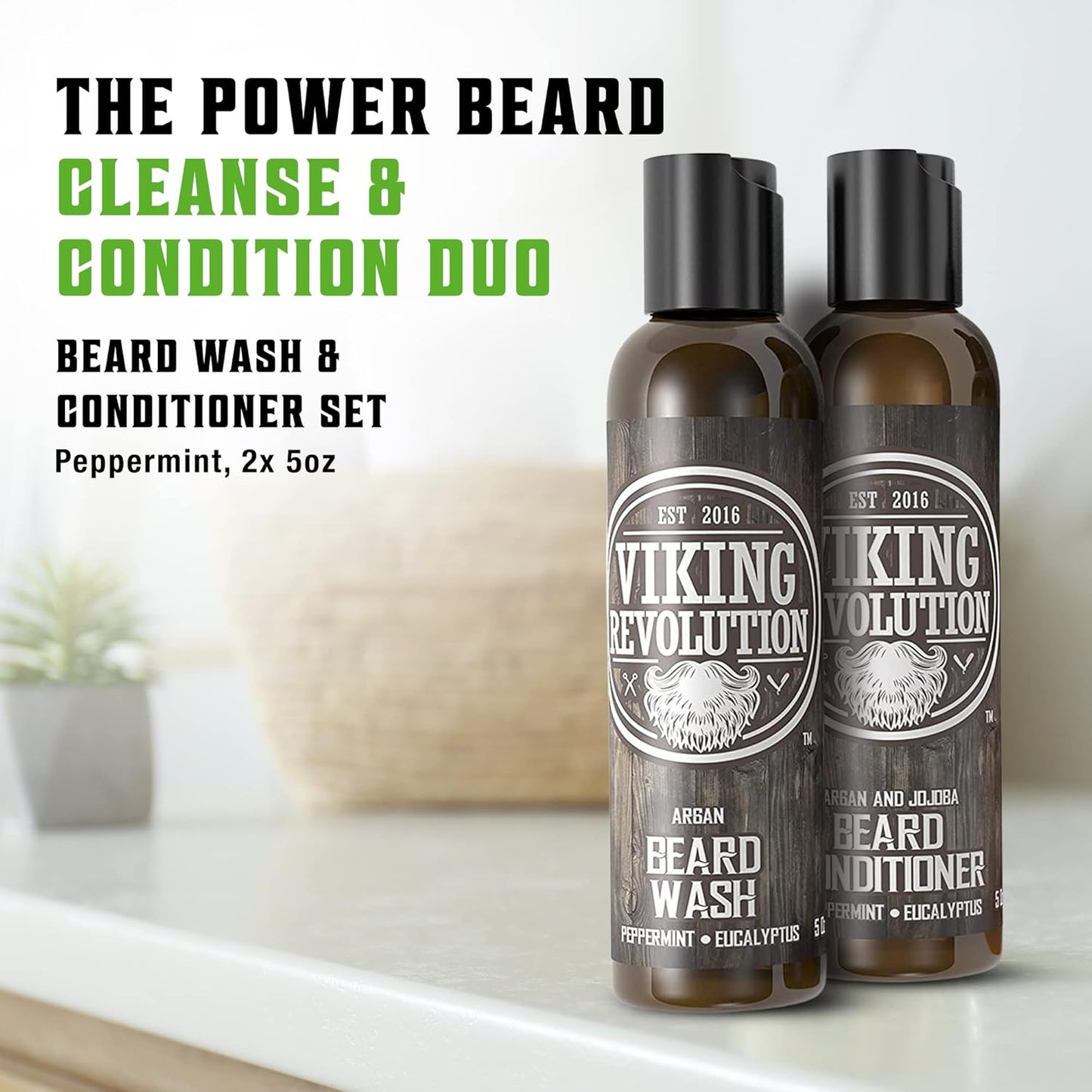 Viking Revolution Beard Care Set with Argan & Jojoba Oils - Softens, Smooths & Nourishes Facial Hair Growth - Peppermint and Eucalyptus Scented Wash & Conditioner (5 oz)