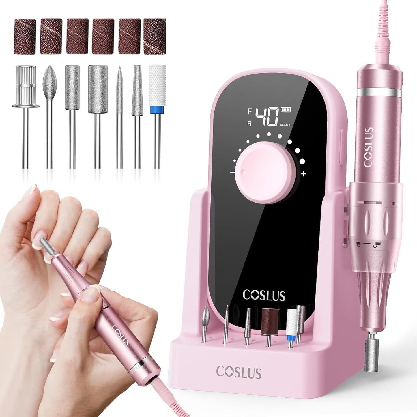 COSLUS Professional Rechargeable Electric Nail Drill 40000 RPM, Portable Nail File with Storage Stand for Acrylic Gel Polishing Removing - Easy to Use for Women, Manicure at Home DIY or Salon, Pink