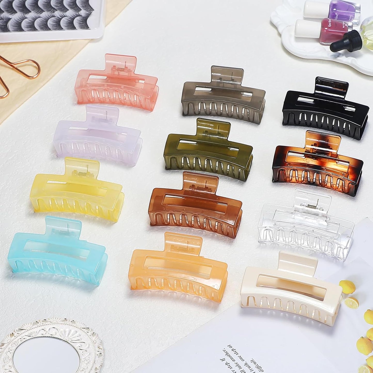 12 Pack Medium Square Claw Hair Clips, 3.5 x 2 x 1.1 inch, Shiny, 12 Colors, Hair Accessories for Women and Girls, Rectangular Rectangle Jaw Clips for Thick and Thin Hair Securing, 12 Pieces