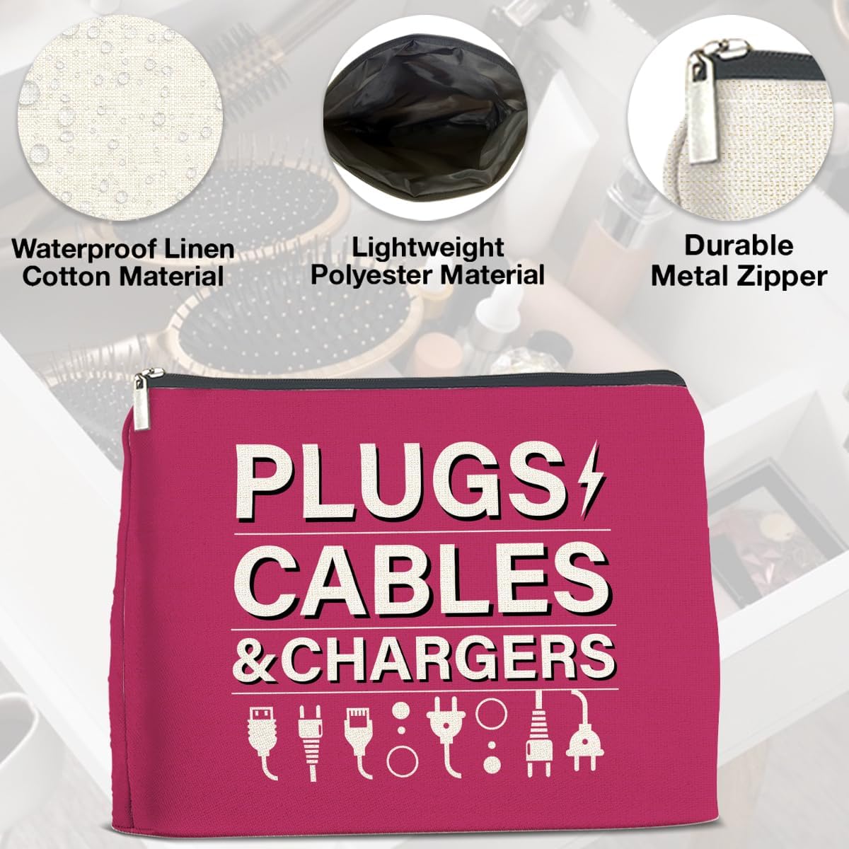 Pink Charger Storage Makeup Bag Gifts for Women Cosmetic Bag Zipper Pouch for Travel Vacation Business