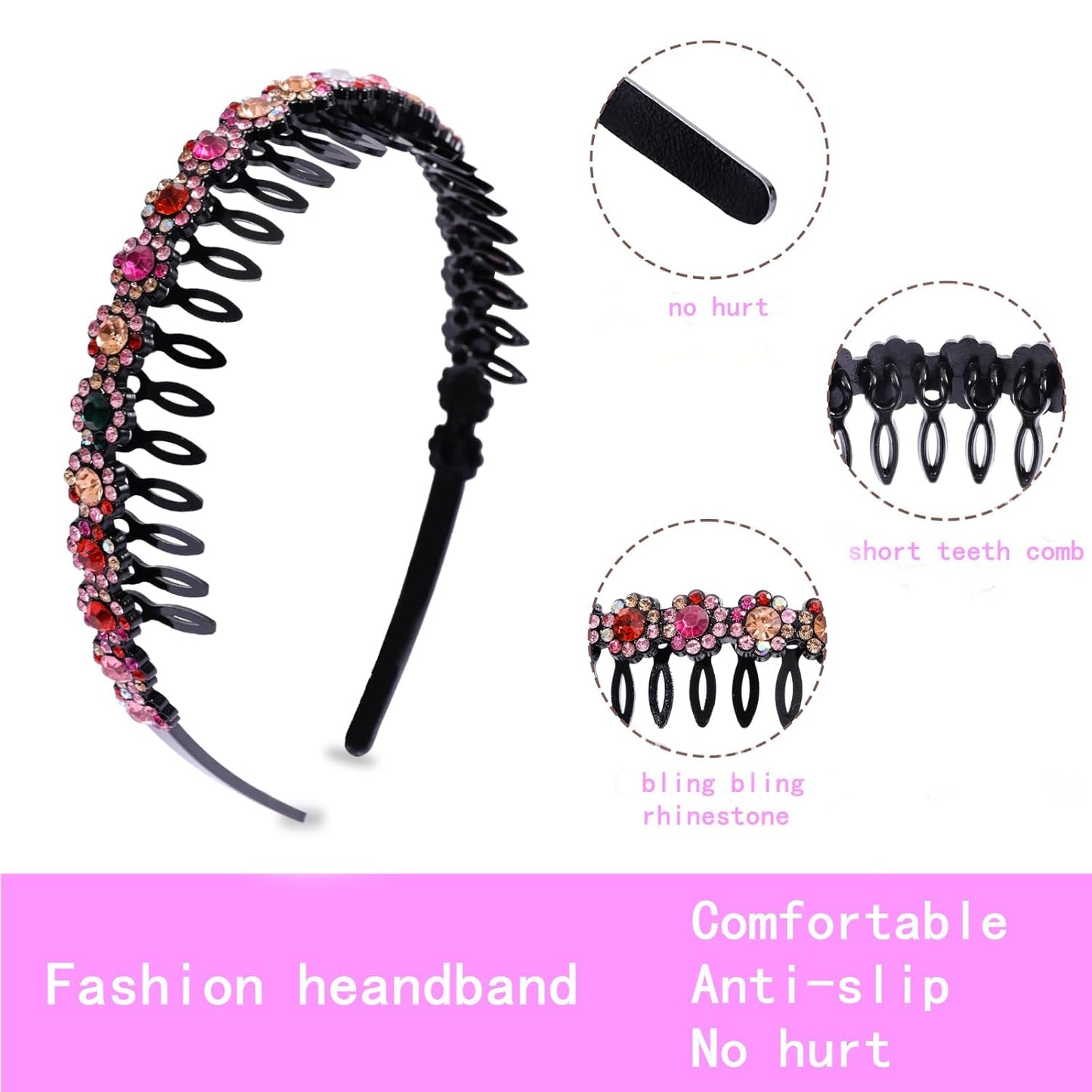 Rhinestone Headbands for Women Girls Glitter Flower Headband with Teeth Comb Non Slip Hairband Sparkly jeweled headband Hair Hoop jeweled headband Hair Accessories with 4PCS
