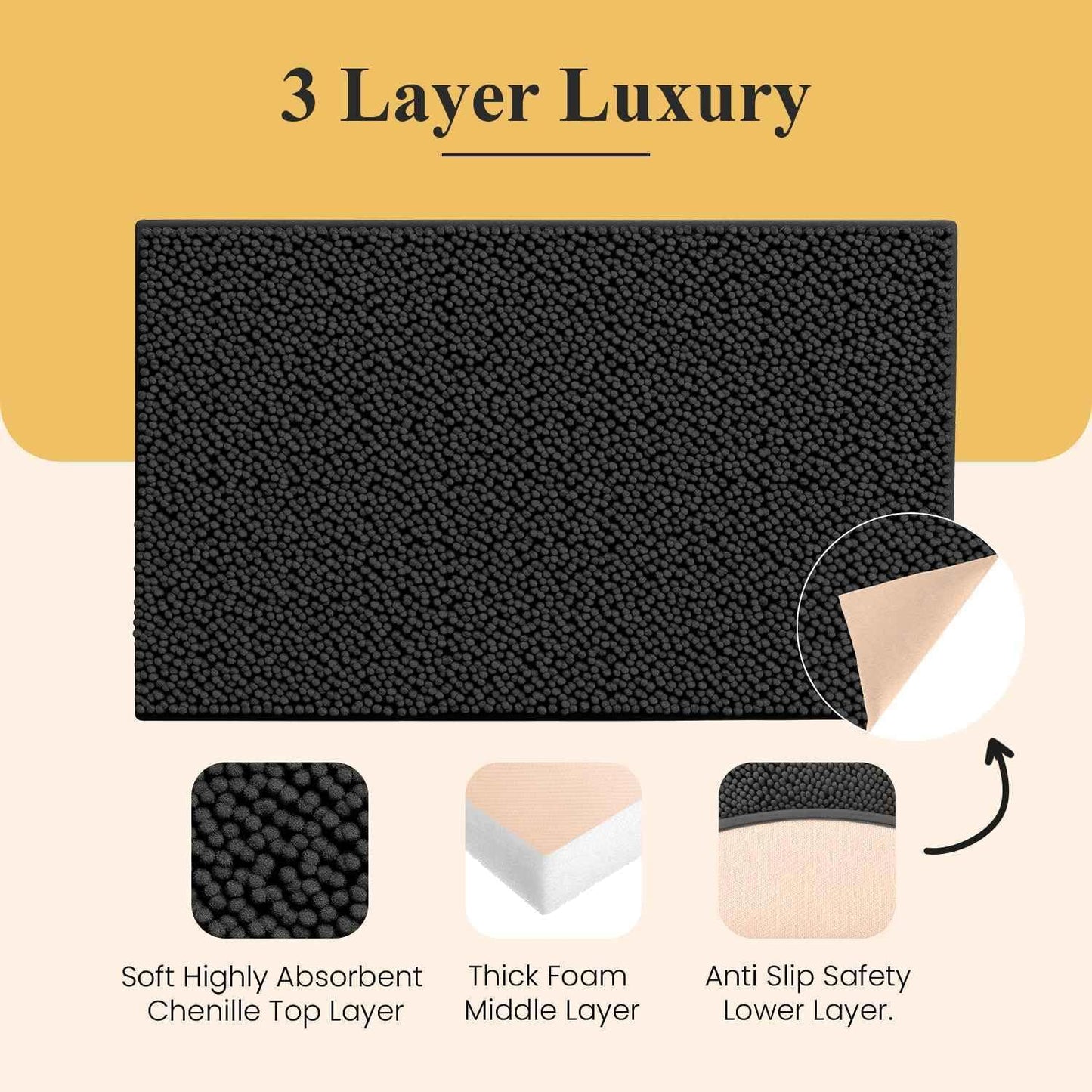 MAYSHINE Plush Shaggy Chenille Bath Mat | Extra Soft, Super Absorbent, Non-Slip Bathroom Rug | Fluffy Microfiber, Area Rug Sets for Bathroom Floor, Kitchen, Living Room | 32"x20" | Black