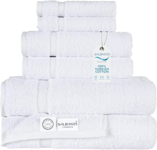 SALBAKOS 100% Turkish Cotton 6-Piece Towel Set | Heirloom Quality Hotel & Spa Collection | Soft, Super Absorbent 2 Washcloth, 2 Hand, 2 Bath Towel Sets | Made in Turkey (White, 6 Piece Towel Set)