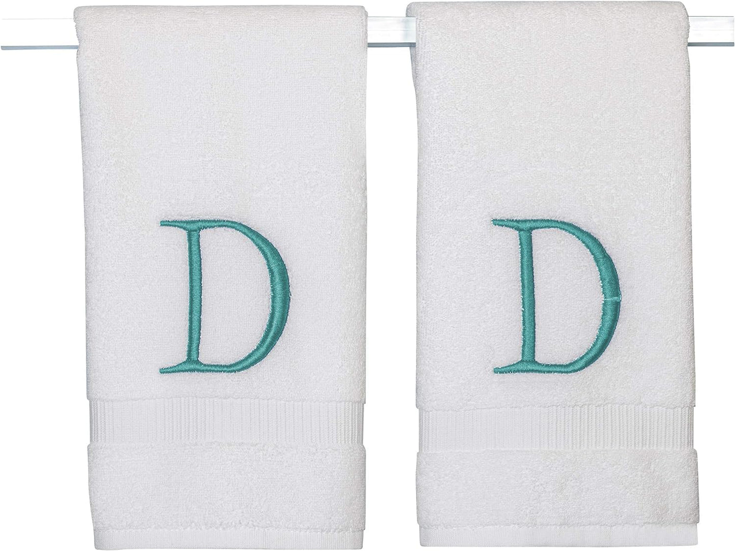 Teal Luxury Hand Towel for Bathroom - Monogrammed Initial Hotel Quality Decorative Embroidered Towel for Powder Room, Spa - GOTS Organic Certified - Set of 2 Letter D
