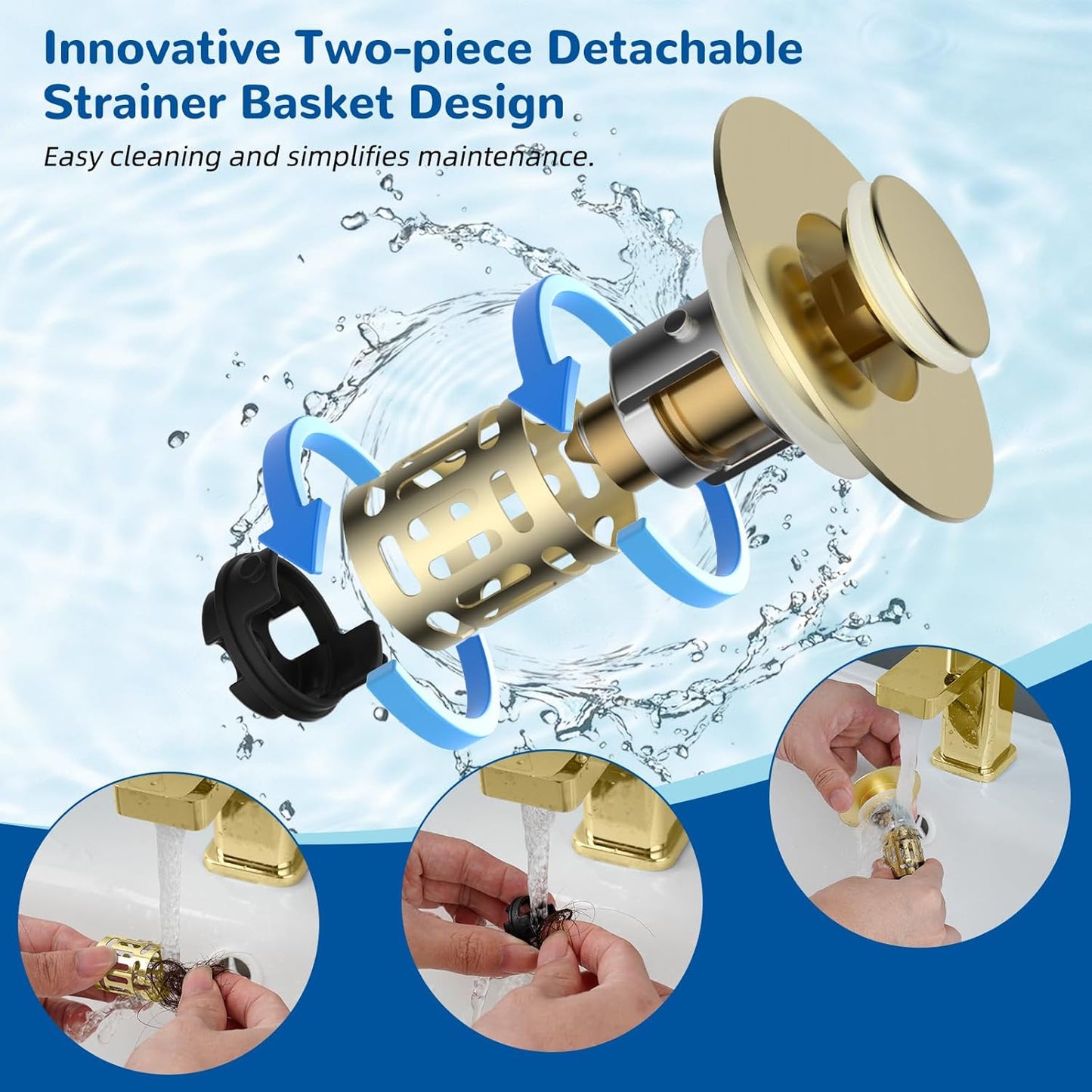 Hibbent 2 Pack Upgraded 3 in 1 Bathroom Sink Drain Strainer, Universal Pop Up Stopper with Removable Stainless Steel Filter Basket Hair Catcher, Sink Plug for 1.1''~2.36'' Basin, Brushed Gold