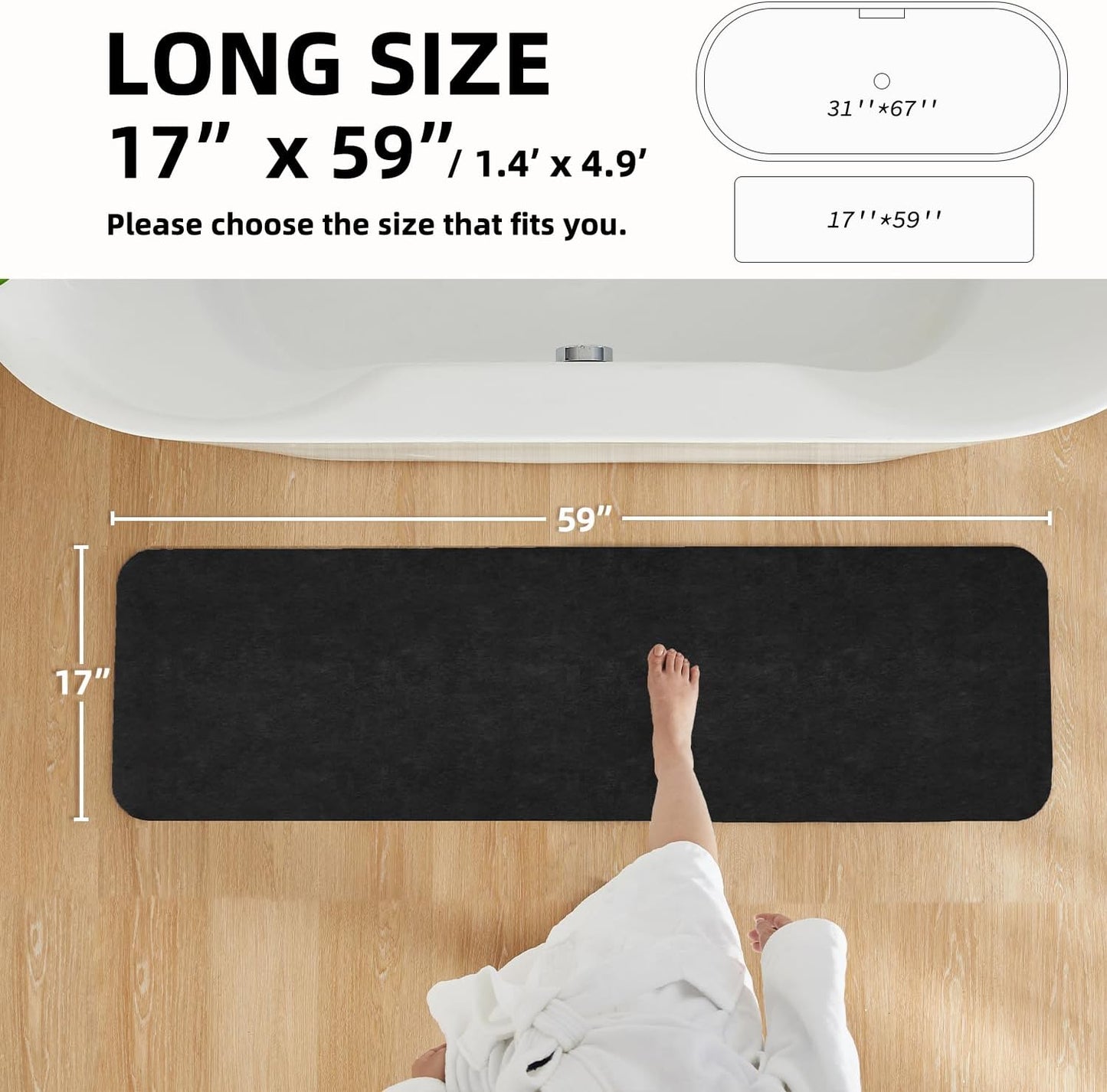 Black Bath Mat, Bathroom Rugs Non Slip Washable Thin Absorbent Quick Dry Bath Mat Fits Under Door Bathroom Floor Mat Perfect for Bath, Shower, or Sink 17"x59" Black
