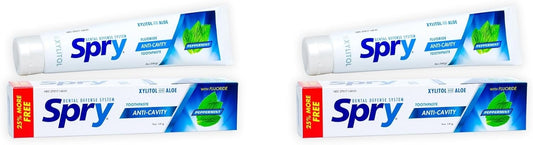 Spry Natural Xylitol Toothpaste 5oz for Adults and Kids with Fluoride, Gentle for Sensitive Teeth Whitening and Remineralizing, Breath Freshening, Mouth Moisturizing, Peppermint (Pack of 2)
