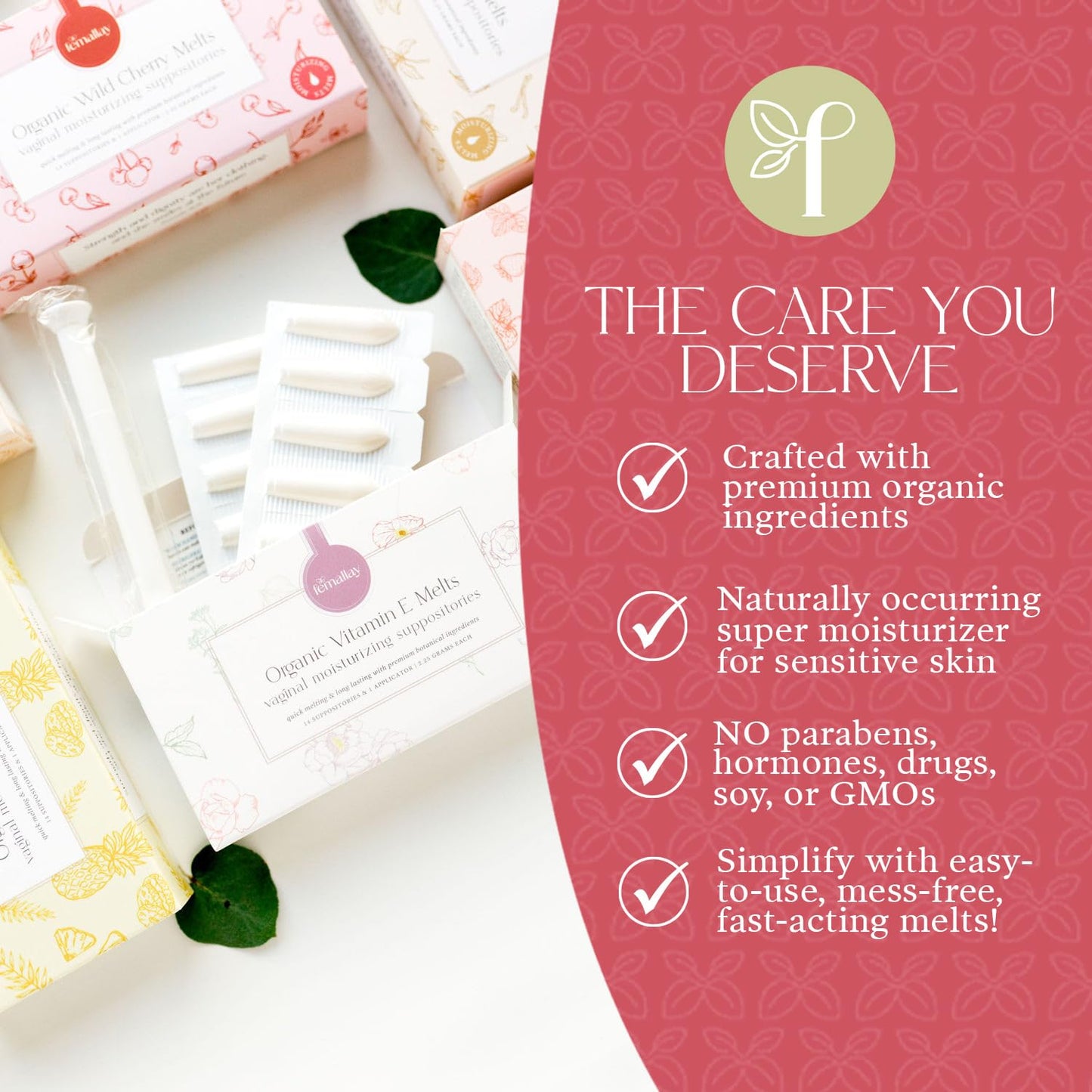 Femallay Organic Vitamin E Vaginal Moisturizing Suppository Melts - 3 Pack - Relief for Menopause Dryness & Irritation - 14 Count + Applicator