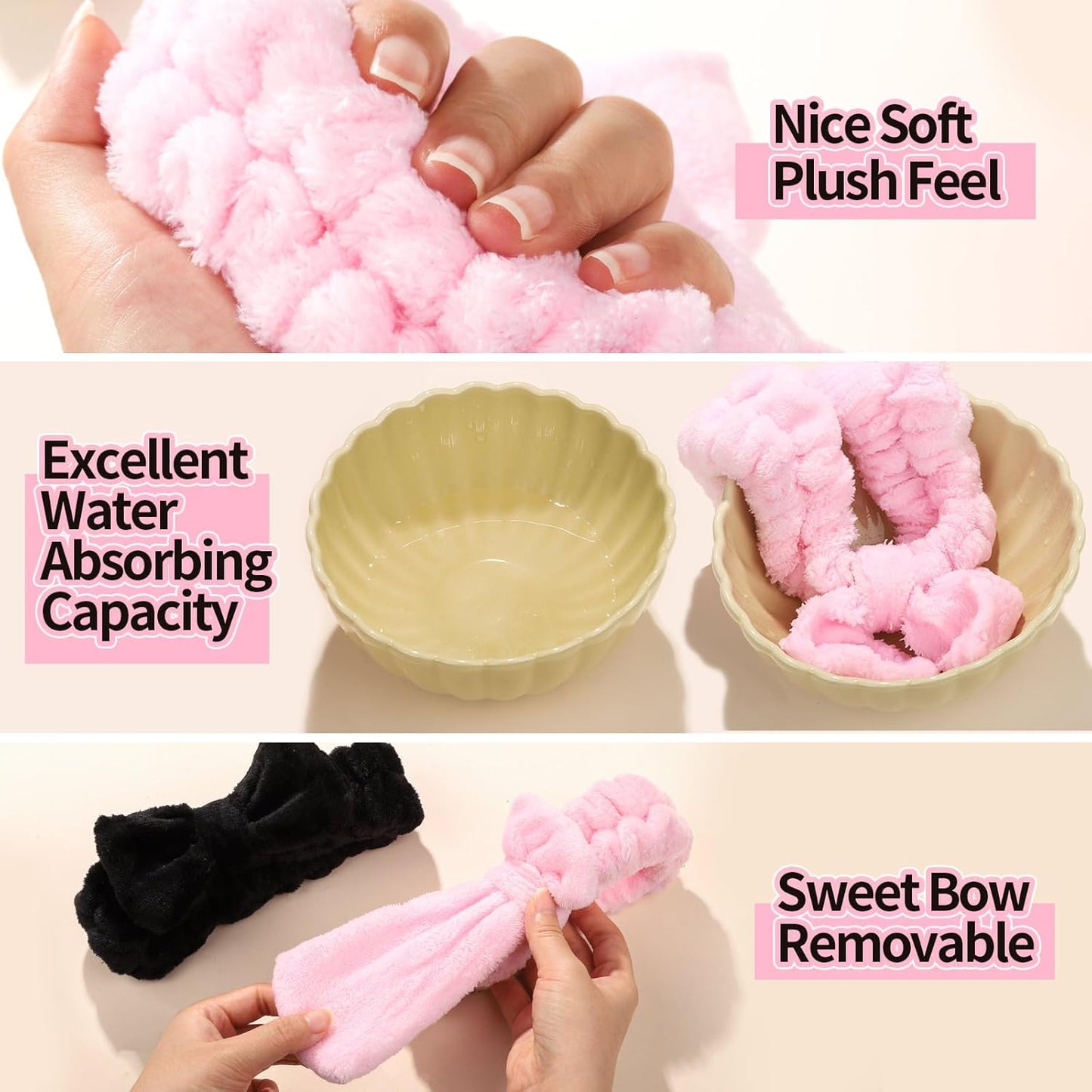 LEOBRO Spa Headband for Skin Care and Makeup, Women Teen Girls Hair Band Headbands for Washing Face, With Hair Scrunchies, Christmas Gifts for Teens (Pink & Creamy White & Black)