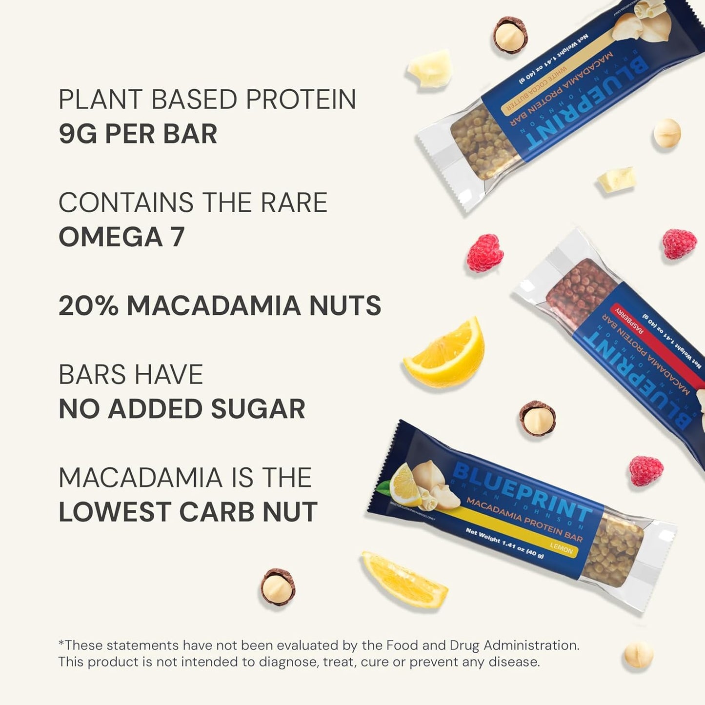 Blueprint by Bryan Johnson Macadamia Nut Protein Bars – Variety Pack Protein Bars - Lemon, White Cocoa & Raspberry – Vegan, Low Sugar, Keto-Friendly Snacks – Non-GMO, Raw Nut Bar– 9g Protein – 12 Pack