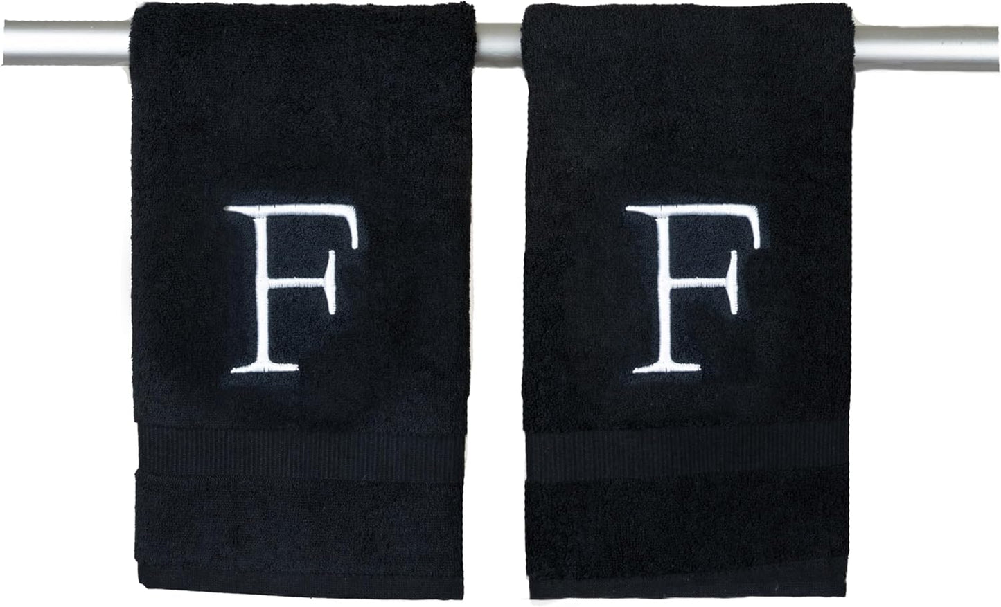 Black Monogrammed Hand Towel for Bathroom - Initial Hotel Quality Decorative Embroidered Luxury Towel for Powder Room, Spa - GOTS Organic Certified - Pack of 2, Letter F