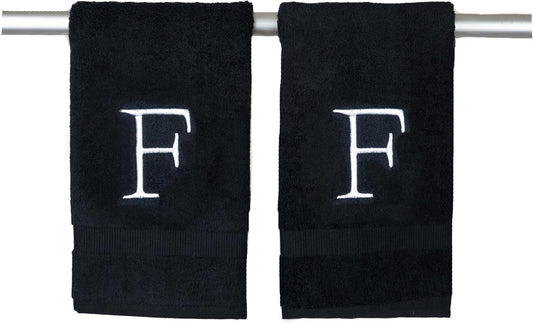 Black Monogrammed Hand Towel for Bathroom - Initial Hotel Quality Decorative Embroidered Luxury Towel for Powder Room, Spa - GOTS Organic Certified - Pack of 2, Letter F