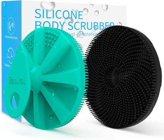 Silicone Body Scrubber 2 Pack, Gentle Bristles Shower Bath Brush, Lather Nicely, Soft Massage Body, More Hygienic Than Loofah, Gentle Exfoliating for Sensitive Skin, Green+Black