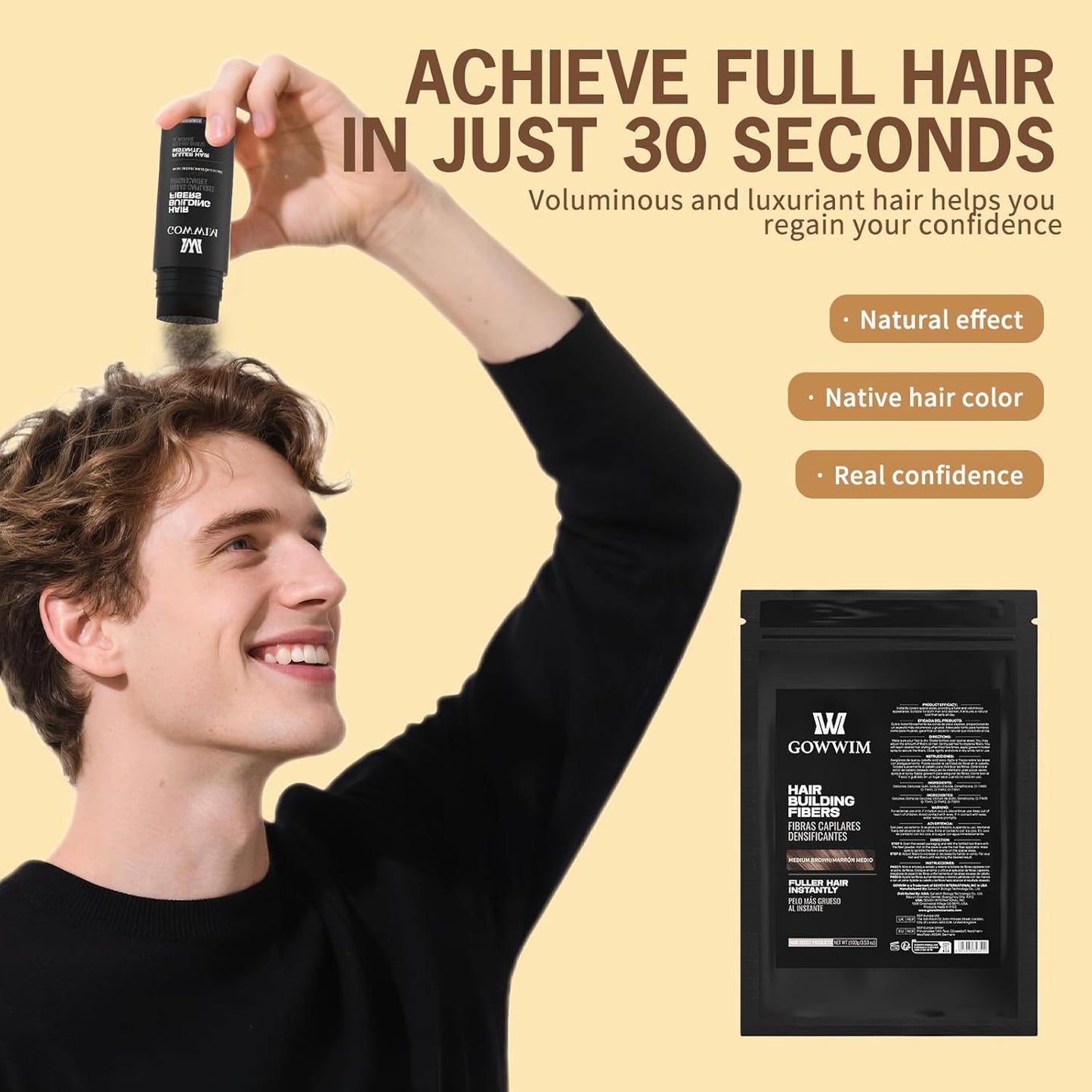 Gowwim Hair Fibers，Instant Building Thickening Fibers for Thinning Loss Hair Natural Grey Coverage Touch up Bald Spot Cover up Waterproof & Sweatproof for Women & Men 100g