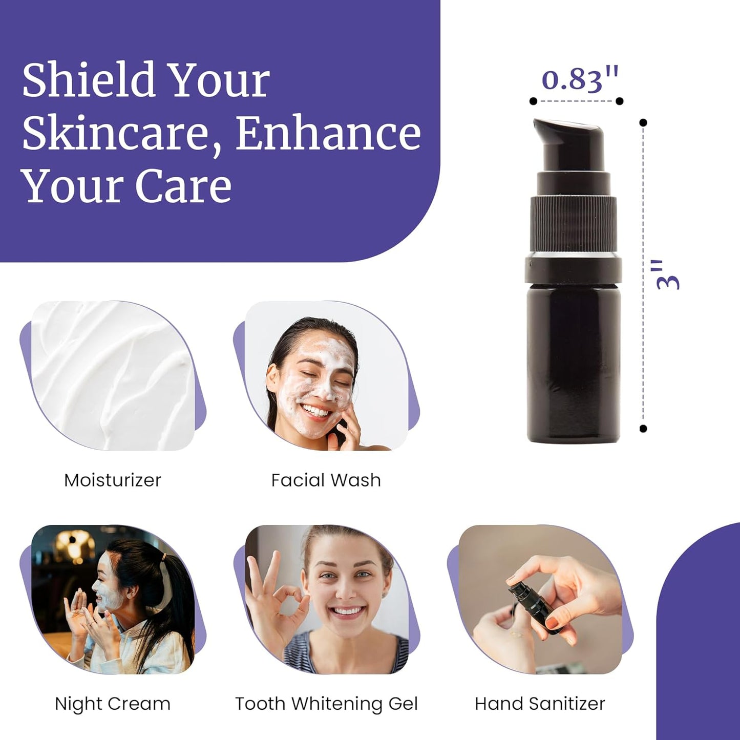 Infinity Jars 15 Ml (0.5 fl oz) Refillable Ultraviolet Black Glass Pump Bottles Leak-Proof Travel Containers for Toner, Sanitizer, Beard Oil, Hair Serum, Essential Oils