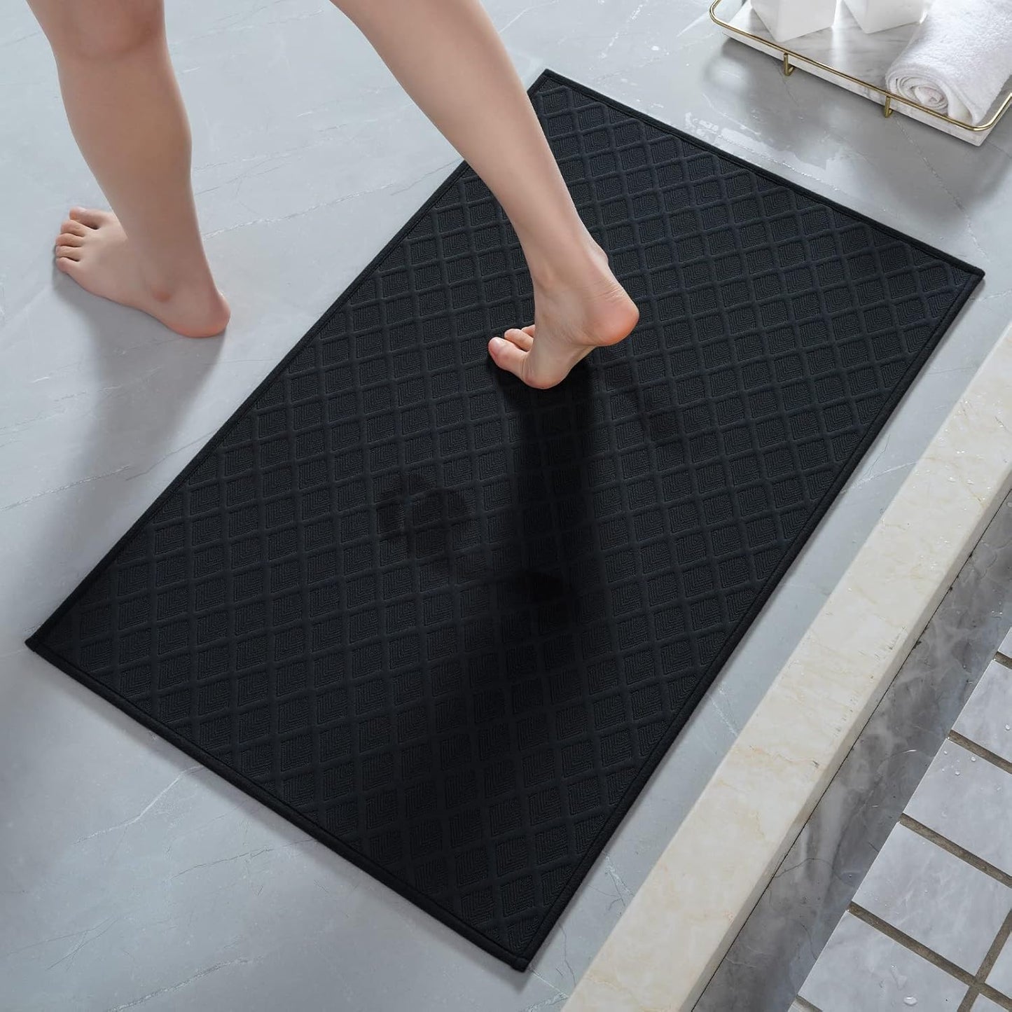 AMOAMI Ultra Thin Bathroom Rugs, Rubber Backed Bath Mats for Bathroom Non Slip, Absorbent Bathroom Mat for Floor, Shower, Sink (Black, 24"x35")