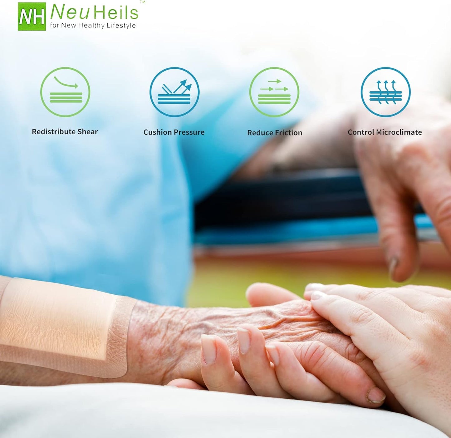 NeuHeils Silicone Adhesive Foam Dressing Bandage with Gentle Border 6 x 6 inch for Bed Sore Leg Ulcer, 5 Pack, High Absorbency Waterproof Silicone Wound Bandage for Pressure Ulcer