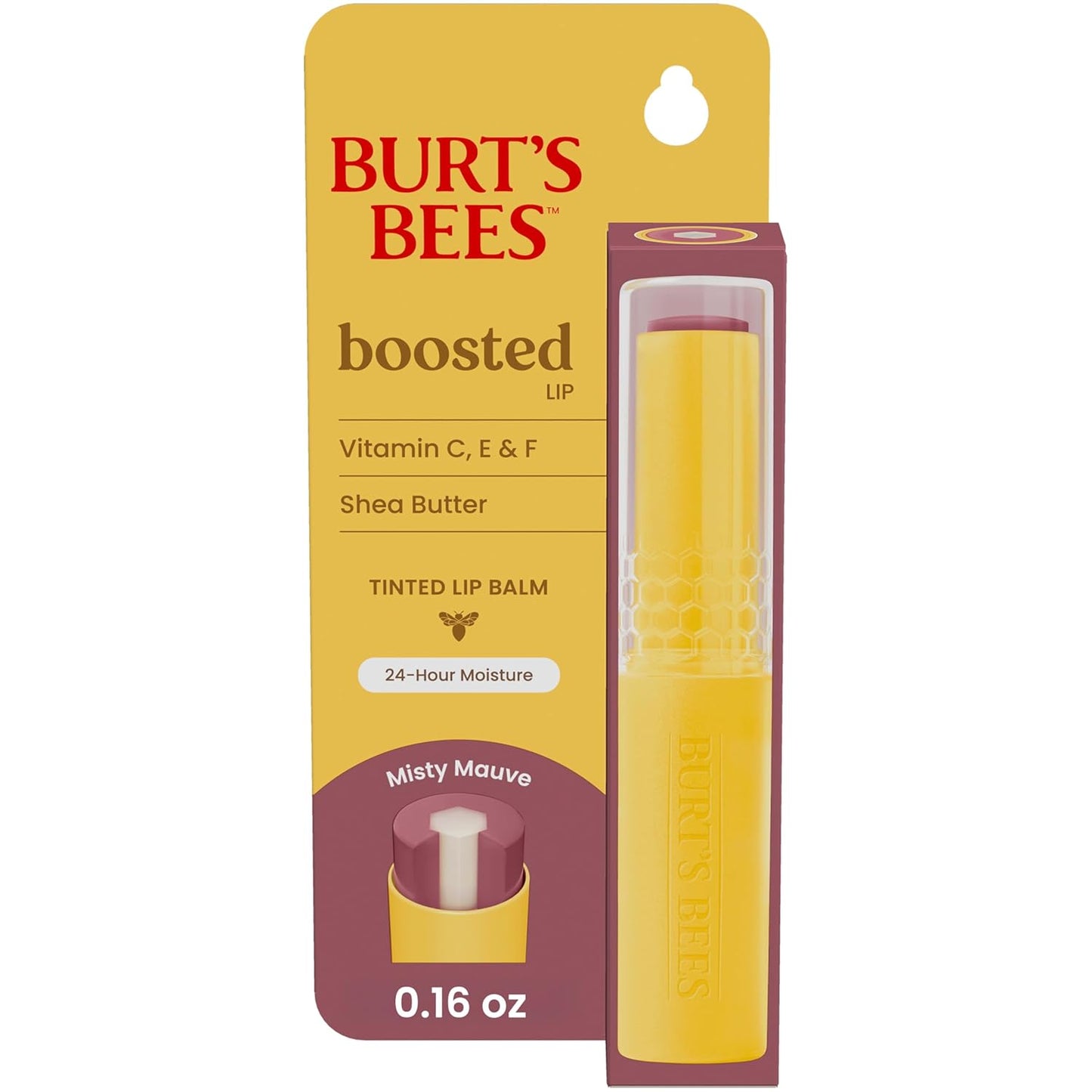 Burt's Bees Tinted Boosted Balm, Misty Mauve, Hydrating Tinted Lip Balm with Vitamin C, E, and F Core, 24 Hour Lip Moisturizer with Responsibly Sourced Beeswax, 100% Natural Origin, 1 Count, 0.16oz