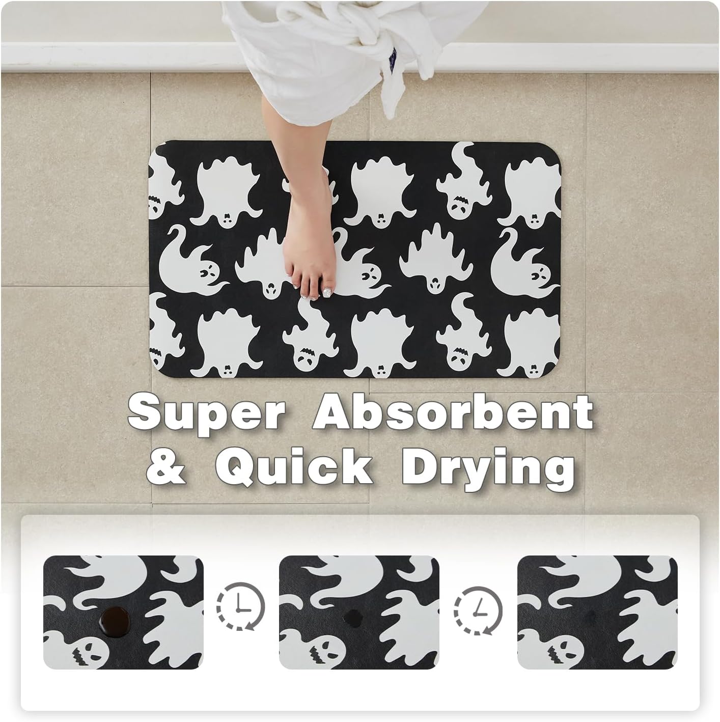 Halloween Bath Mat, Thin Halloween Bathroom Rug Non Slip Quick Dry Ghost Bath Mat Fits Under Door Thin Floor Mat Halloween Decor, 17''x30'', Spooky Ghosts Black