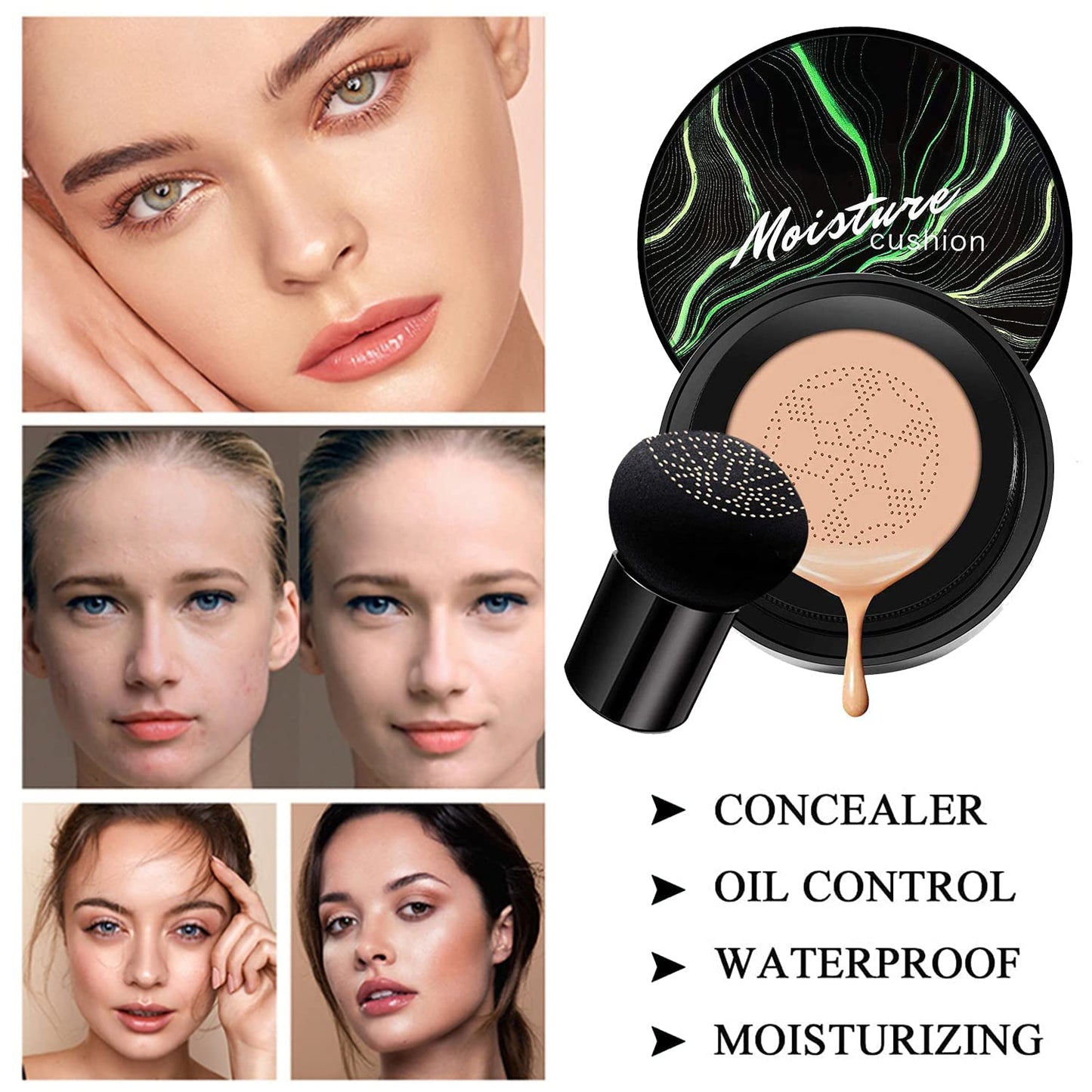 Mushroom Head Air Cushion CC Cream Nature Foundation, Moisturizing BB Cream Long Lasting Matte Concealer, Bright Makeup Base Long Lasting with Mushroom Makeup Sponge (#02 Natural)