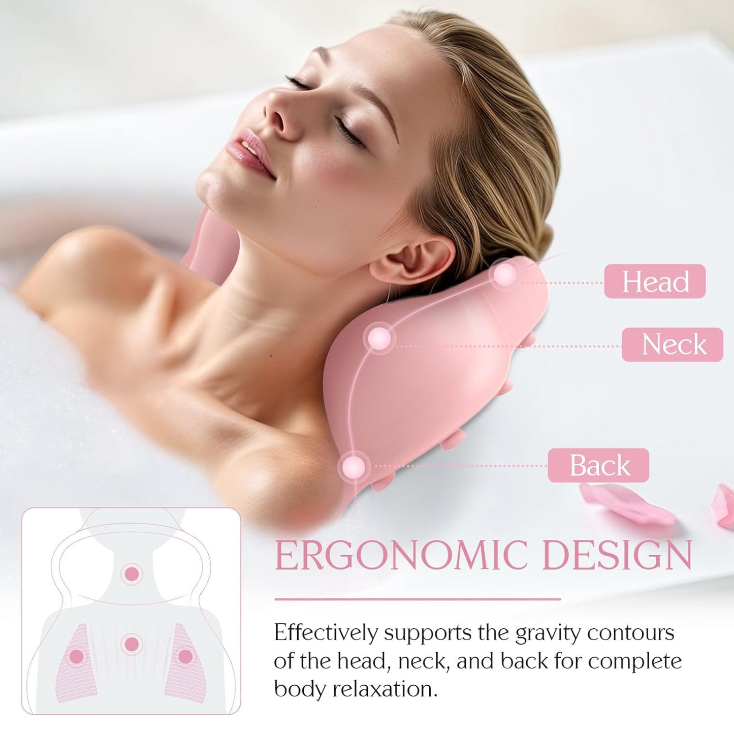 Silicone Bath Pillow, New Material Bath Pillows for Tub Head Neck and Back Support, Bath Tub Pillow with 4D Press Inflatable Airbag and Non-Slip Strong Suction Cups, Quick-Drying, Easy to Store, Pink