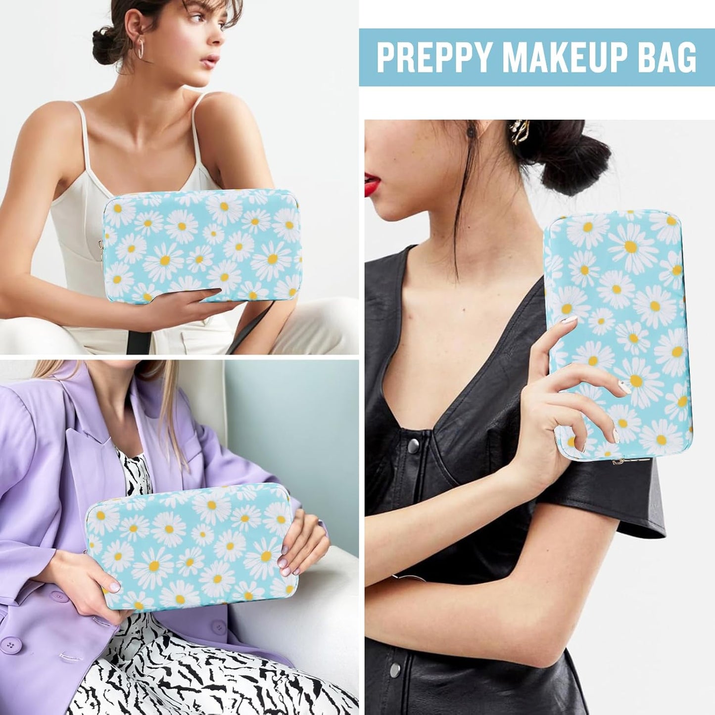 Nylon Small Floral Makeup Bag for Purse, Cute Preppy Travel Makeup Bag Flower Cosmetic Zipper Pouch Purse, Waterproof Portable Toiletry Makeup Brush Bag Clutch Organizer Storage for Women(Blue-Daisy)